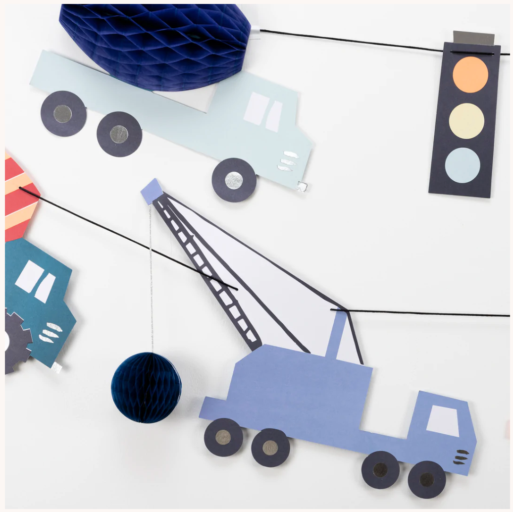 KJØRETØY - Girland lastebil, dumper, gravemaskin m.m. - fra Meri Meri